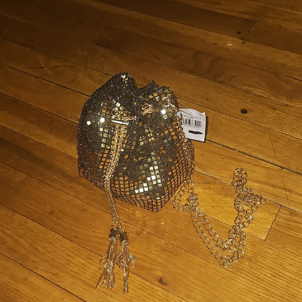 Gold Sequin Mesh Drawstring Bucket Bag - Unbranded